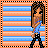 Pixelated character with long brown hair in blue shirt and black pants stands against striped background, surrounded by blue text fragments on beige backdrop.