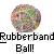 Pixelated circular icon with multicolored mosaic pattern above bold black text reading "Rubberband Ball!" on gray background.
