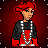 Pixelated character with red hair and red pants, wearing a black jacket with white stripes and a silver chain necklace, against a dark red background with white dots.