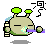Pixelated character with green antennae and beige body emits purple beam from mouth, then shifts posture while emitting blue smoke.
