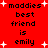Red background with white starbursts and black pixelated text reading "maddies best friend is emily" repeated twice.