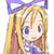 Pixelated anime-style character icon with blonde hair, purple bow, and blue eyes on a white background.