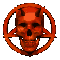 Red skull with horns inside a circular pentagram symbol on a gray background.