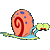A 5-frame animated contact sheet of a cartoon snail with an orange shell, blue spots, and red spiral pattern on gray background.