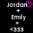 Pixelated text displays 'Jordan + Emily = <333' with a pink heart symbol replacing the letter O in Jordan on the left side.
