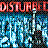 Pixelated static image featuring red text "DISTURBED" at the top over a blue and black abstract background with white highlights.