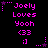 Pixel art icon with pink text and symbols on black background showing "Joely Loves Yooch" with emoticons and star decorations.