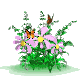 A static image of a flower patch with pink flowers, yellow centers, green leaves, and brown butterflies on a gray background.