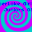 Four identical spiral patterns with cyan and magenta colors, each containing repeated text elements in blue pixelated font.