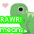 Green pixelated dinosaur with black eye, pink hearts, and green text overlays reading 'RAWRI!', 'means', 'iluv you', 'in dino' across four