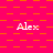 A static image with a bright pink background featuring orange square patterns and repeated white text "Alex" across the