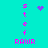 A turquoise background displays two vertical of pink text and symbols, with a purple heart at the top center and a purple dot cluster below it