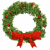 A static Christmas wreath icon with green foliage, red berries, gold accents, and a large red bow at the bottom.