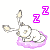 Pixelated cartoon icon of a white rabbit-like creature with gray limbs and pink cloud base, surrounded by purple Z-shaped sleep symbols in two animation frames.