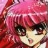 Pixelated close-up of a character with bright pink hair, dark eyes, and a light-colored face, set against a pink and red background.