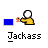 Pixelated character with white head and yellow body, blue square, orange 'H' symbol, and 'Jackass' text below.