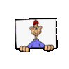 Cartoon character with red hair and blue shirt peeks from behind white rectangular frame in multiple poses.