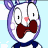 Pixelated cartoon character with purple ears and antlers, white face, pink nose, and dark blue collar, shown in multiple expressions against light blue background.