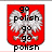 Red shield-shaped icon with white eagle, displaying text variations including 'go polish go', 'hey warsaw what you', and 'the polish team is going' across different frames.