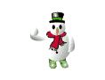 Animated snowman icon with top hat and scarf performing a sequence of actions including waving, turning, breaking through ice, and throwing snowballs.