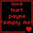 Four red-bordered black squares display text and heart symbols with varying animation states.
