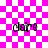 Four identical pixelated text elements on a pink and white checkered background, with one element having a faint circular overlay.