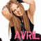 A person with long brown hair wearing a black sleeveless top, hands raised behind head, pink text 'AVRIL' at bottom.