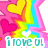Pixelated icon with pink background, yellow heart, rainbow starburst, and 'i love u!' text in teal.