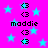 Bright pink background with scattered light blue stars and repeated black text elements including 'maddie' and '<3' symbols.