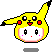 Pixel art of a yellow Pokémon character with red cheek spots and black-tipped ears, wearing a white mask-like face covering with pink accents.