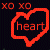 Animated icon with red heart outline, 'xoxo' text top-left, and 'heart' inside; transitions to white 'heart' text while maintaining red border.