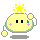 Four pixelated yellow characters with black eyes, pink cheeks, and blue accents on a gray background; each has a star or sparkles above the head.