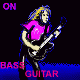 Pixelated avatar of a person with long blonde hair playing electric guitar, wearing pink shirt and black pants against dark background.