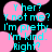 Pixelated cyan text on black background with pink circular shapes, displaying phrases like 'Y her?', 'Y not me?', and 'I'm pretty. I'm kind.'