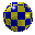 A pixelated blue and yellow sphere rotates through showing different sections of a globe-like pattern with visible landmasses and water