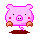 Pixelated pink pig with brown hooves and red cheeks stands on dark brown ground, eyes black dots, nose a small rectangle.