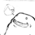Pixelated black-and-white stick figure icon with a heart-shaped head and curved body, holding an object in one hand against a white background.