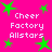 Bright pink background with green star shapes and repeated white text reading "Cheer Factory Allstars" in pixelated font.