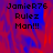 Pixelated text 'Jamiel76 Rulez Mon!!!' on a red and blue abstract background with one section showing solid gray.