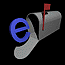 Animated sequence of a gray mailbox with red flag showing blue lowercase 'e' symbol emerging from and receding into the mailbox opening.