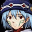 Pixelated anime-style character icon with blue hair, red eyes, and a dark blue headpiece featuring two circular red accents on white bands.