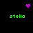 Pixelated green text 'stella' appears four times on a black background, with three distinct purple pixel clusters: one heart-shaped, one scattered, and one circular.