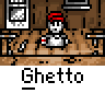 Pixel art contact sheet of a 3x3 grid showing nine frames from an animated icon featuring a cartoon character in a diner setting with repeated "Ghetto" text labels below each frame.