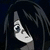 Pixelated anime-style character with long black hair and a pale face, positioned next to text fragments on a