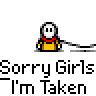 Animated contact sheet of a pixel art buddy icon showing sequential frames with text bubbles and character pose changes against gray background.