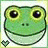 Green frog face with large yellow-ringed eyes and two small nostrils, smiling broadly on a light background.