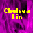 Yellow text 'Chelsea Lin' on a purple and black pixelated background with one gray