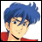 Pixelated anime-style character with spiky blue hair and red clothing against white background, next to black with white text
