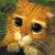 six identical orange tabby cats with large black eyes and white muzzles, each holding a small dark object in front of its mouth against a green grassy background