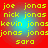 Red background with cyan gradient circles containing yellow text names